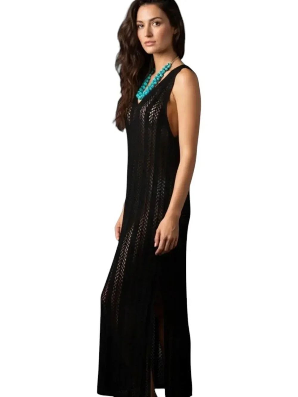 Black Sleeveless Crochet Kaftan Maxi Dress Beach Cover Up